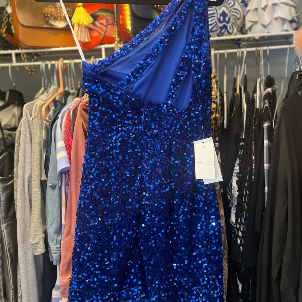Stunning Blue Sequin One-Shoulder Mini Dress